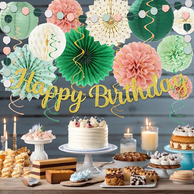 Sage Green Pink Birthday Decorations - 62pcs Happy Birthday Banner, Olive Retro Beige Paper Lanterns Pom Poms, Green Pink Balloons , Neutral Streamers Garland, Birthday Decorations for Women Girl Boys