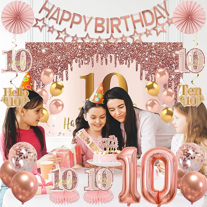 10th Birthday Decorations for Girls, Pink Rose Gold Happy 10 years old Birthday Banner Backdrop Balloons Sash Table Cake Topper Honeycomb Centerpieces Hanging Swirls Paper Fans Party Supplies
