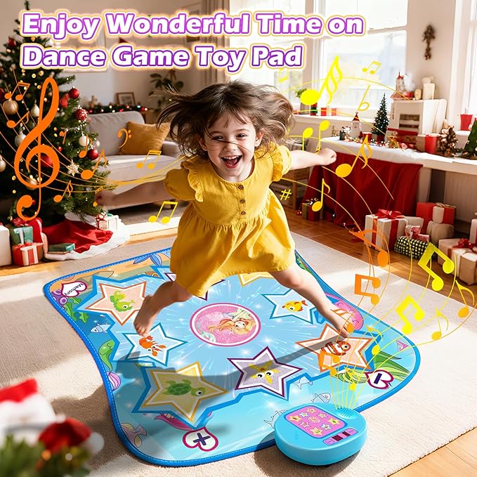 Dance Mat, Ocean-Themed Dance Game Toy Pad with LED Lights, Gift for Kids Girls 3-12, Adjustable Volume, Built-in Music, 5 Challenge Levels, Non-Slip & Foldable Rhythm Step Play Mat