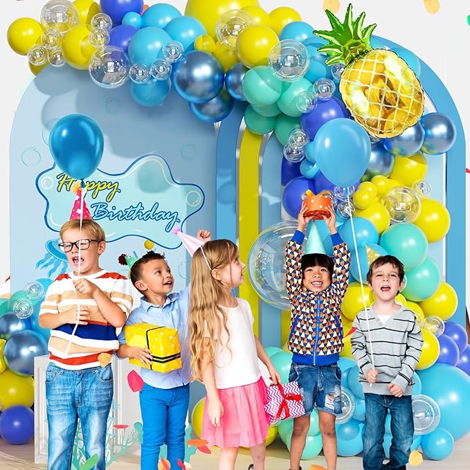 147pcs Cartoon Sponge Balloon Arch Kit - Birthday Decorations With Yellow, Blue, Clear, Metallic, Teal Balloons and Pineapple Balloon For Cartoon Birthday Party Baby Shower
