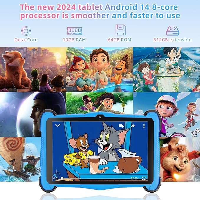 Kids Tablet 7 inch with Shockproof Case for Child 3-10, Educational Learning Toddler Tablet Android 14, 10GB RAM+64GB ROM, Parental Controls, Google Play YouTube, Gift for Boy Girl（Blue）