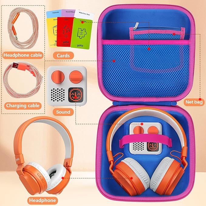 Storage Case Compatible with YOTO Mini + Headphones Kids Audio Player Travel Device Stories Music Podcast Radio Speaker (Blue + Rose red Zipper)