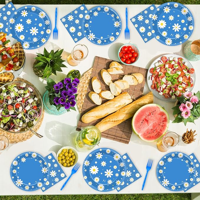 96Pcs Daisy Birthday Party Supplies Groovy Flower Paper Plates and Napkins Spring Floral Disposable Dinner Dessert Tableware Set for Blue Baby Shower Birthday Party Decorations Serve 24