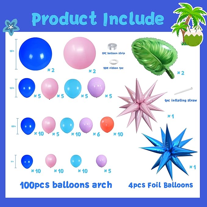 100pcs Hawaii Balloons Garland Arch Kit with Balloons for Birthday Decorations,Party Supplies for boys Girls (Hawaii)