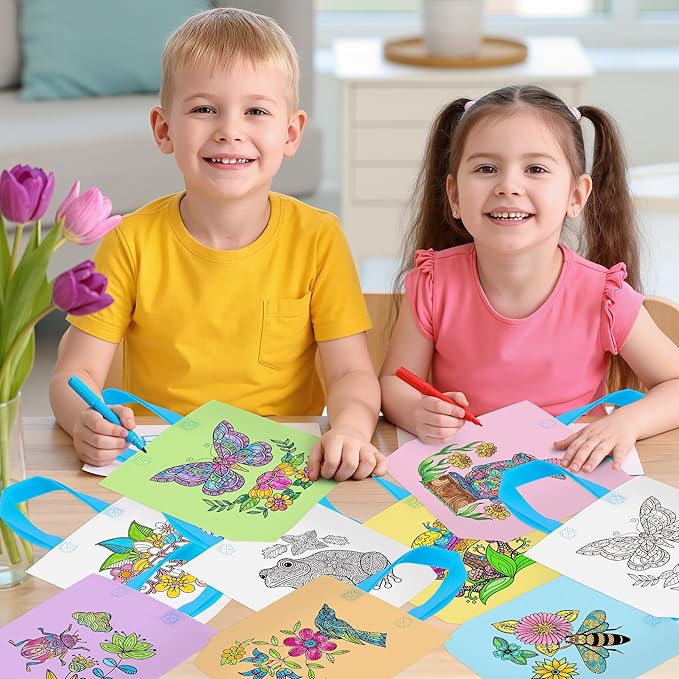 Spring Coloring Goodie Bags for Kids - 24Pcs Mandala Theme Bulk Color Your Own Gift Bags with Handle Butterfly Bunny Reusable Non Woven Coloring Tote Packet for DIY Painting Spring Easter Holiday Gift