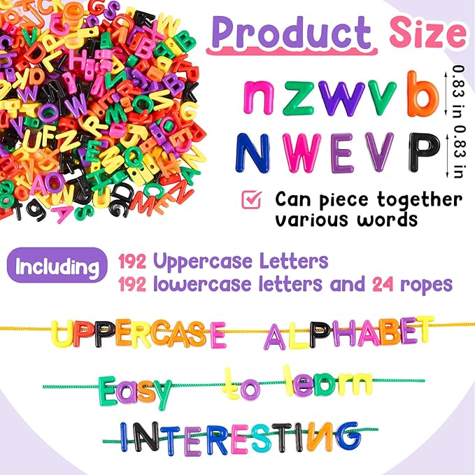 Wesiti Lacing Letters Beads Alphabet Learning Toys Toddler ABC Alphabet Beads Lacing Sports Skills Toys for Preschool Games Homeschool Supplies Early Spelling(Lowercase Uppercase Letters,408 Pcs)
