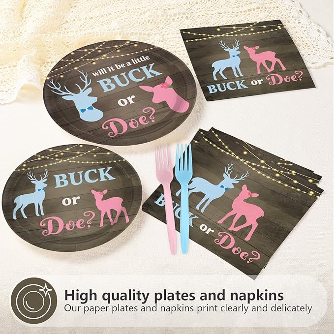 96Pcs Buck or Doe Gender Reveal Party Decorations Rustic Wood Themed Plates and Napkins Blue Pink Deer Disposable Paper Tableware Set for Boy or Girl Gender Reveal Party Supplies Serves 24