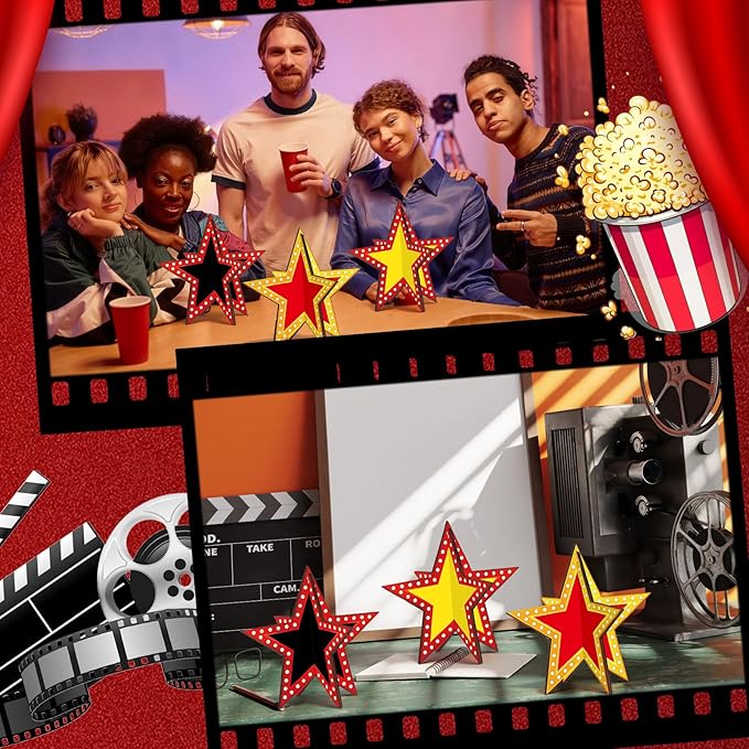 Star Centerpieces Movie Night Party Decorations 3D Star Movie Night Wooden Centerpieces Cinema Birthday Table Wooden Sign for Red Carpet Film Show Theme Birthday Party Favors Supplies