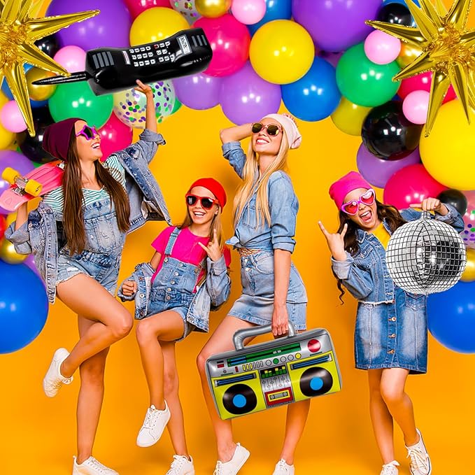 80s Party Decorations, 80s 90s Theme Birthday Party Supplies Includes Inflatable Radio Boombox & Mobile Phone, Back To The 80's Backdrop, Tablecloth, Plates, Napkins, Hip-Hop Cake Toppers