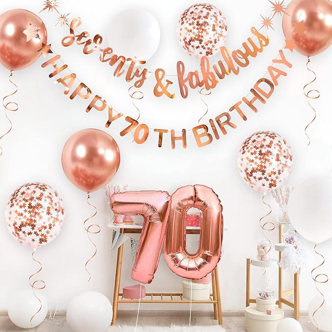 Rose Gold Seventy & Fabulous Happy 70th Birthday Banner Garland Foil Balloon 70 for Womens 70th Birthday Decorations Hanging 70 and Fabulous Cheers to 70 Years Old Birthday Party Supplies Backdrop