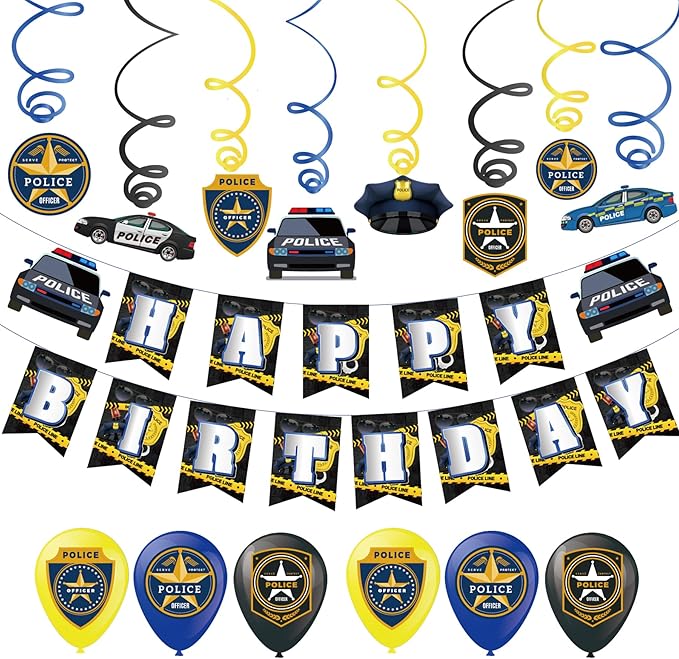 Police Birthday Party Supplies Police Party Decorations Include HAPPY BIRTHDAY Banner Balloons Cake Topper Cupcake Toppers Spirals Background Police Birthday Party Decorations