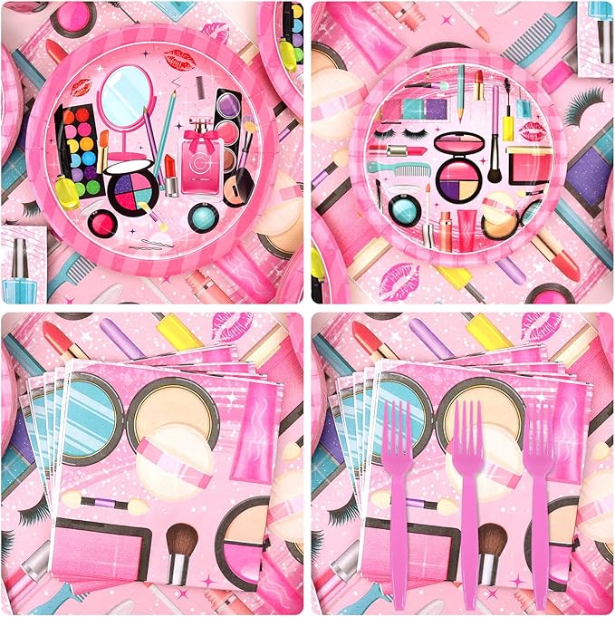 Spa Party Supplies - Makeup Party Tableware - Dinner Plates, Dessert Plates, Napkins, Forks for Girls Women Slumber Pamper Spa Birthday Party Decoration, Serves 25
