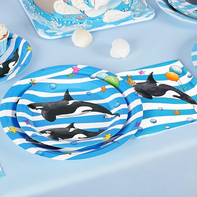 WERNNSAI Orca Party Plates and Napkins - 48 PCS Orca Birthday Party Supplies for Kids Blue Ocean Under the Sea Party Decorations Baby Shower Dinner Dessert Tableware Set Serves 16 Guests