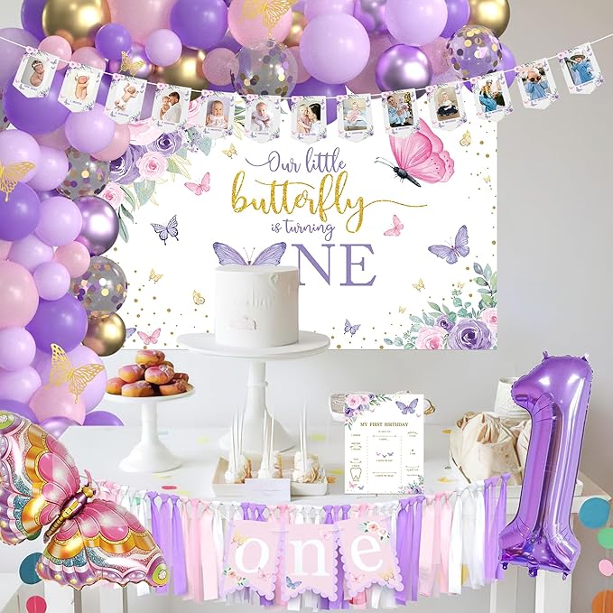 Xigejob Butterfly First Birthday Decorations Girl - Butterfly 1st Birthday Party Supplies, Include Balloon Arch, Backdrop, Balloon Box, Highchair Banner, Hat, Photo Banner