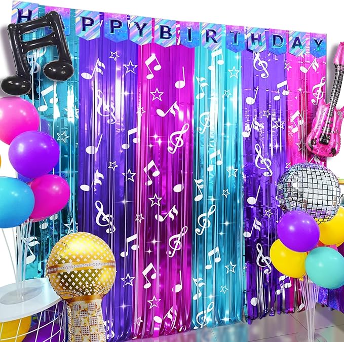 Demon Movie Hunters Birthday Party Decoration, 1 Pack Demon Movie Hunters Party Backdrop Photo Booth Prop, Pop Music Notes Print Fringe Curtains Tinsel Photo Streamers for Hunter Theme Party Supplies