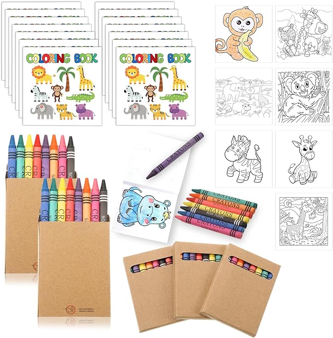 30 Sets 24 Pages Zoo Animals Mini Coloring Books with 8 Colors Crayons Bulk, Jungle Safari Coloring Books Party Favors Goodie Bag Gift Stuffer Gift Activities DIY Craft