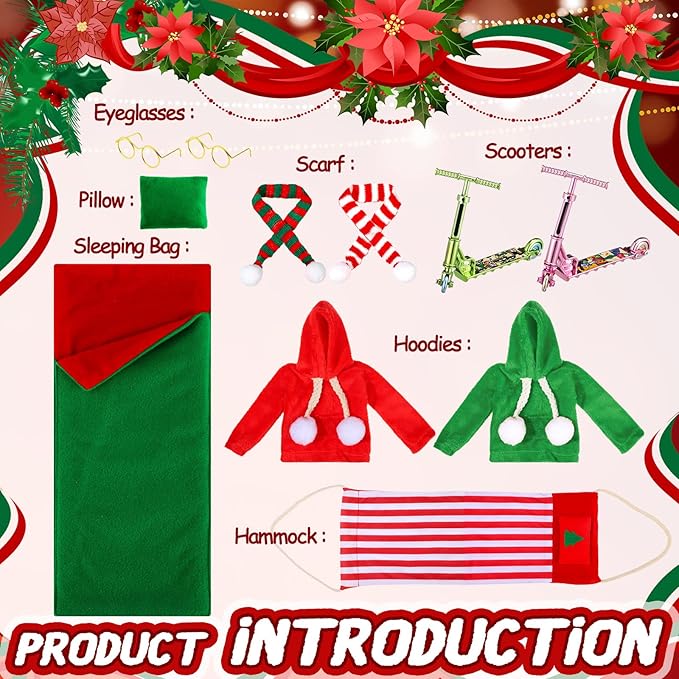 Kacctyen 11 Pcs Christmas Accessories Christmas Doll Clothes Sets Include Scooter Sleeping Bag Hoodie Scarf Glasses Pillow Shoes Scarf for Doll Decor