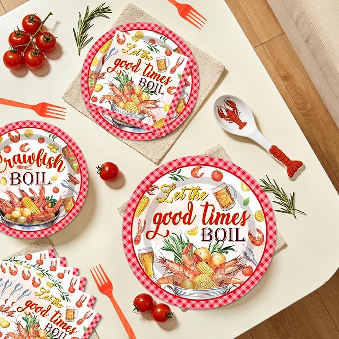 96Pcs Crawfish Boil Party Supplies Tableware Set Let The Good Times Boil Paper Plates Napkins Forks Lobster Seafood Boil Birthday Theme Party Supplies Serve 24 Guests