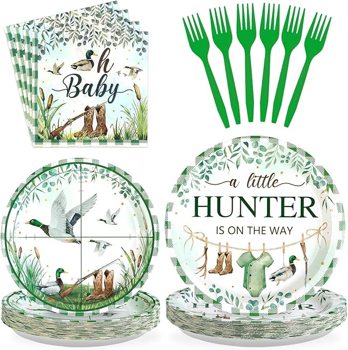 Grencian 96psc Mallard Duck Baby Shower Party Supplies A Little Hunter is on the Way Plates and Napkins Tableware Sets Hunting Party Decoration for Kids Birthday Baby Shower Serves 24
