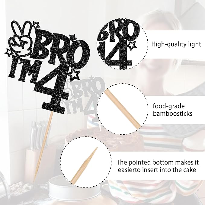 1 PCS Brother I'm 4 Cake Topper Glitter Star Happy 4th Birthday Cake Pick Bro I'm 4 Cake Decoration It's My 4th Birthday Decorations for Boys Cheers to 4 Years Old Birthday Party Supplies Black