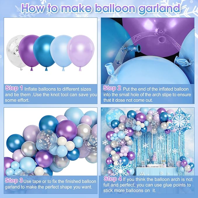 167Pcs Frozenn Balloons Arch Garland Kit, Froozen Birthday Party Decorations Supplies Fringe Curtain Blue Purple Snowflake Balloon for Winter Wonderland Princess Girl Decor