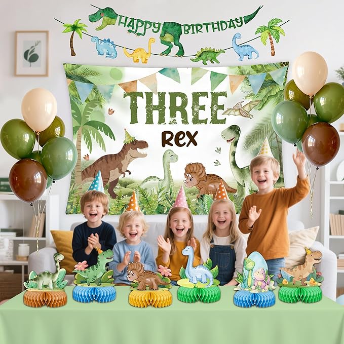 Three Rex Dinosaur Birthday Party Decorations, 3rd Birthdays Decoration for Boys Girls 3rex Dinosaurs Backdrop Honeycombs Balloons Banner Supplies for kids Dino Theme Party (Dinosaur)