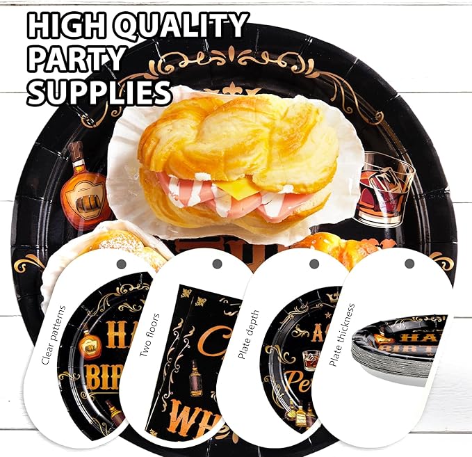 Grencian 96Pcs Whiskey Birthday Party Decorations for Men Aged to Perfection Party Supplies Plates Disposable Heavy Duty Whiskey Birthday Tableware Set for Beer Theme Parties Supplies Serves 24