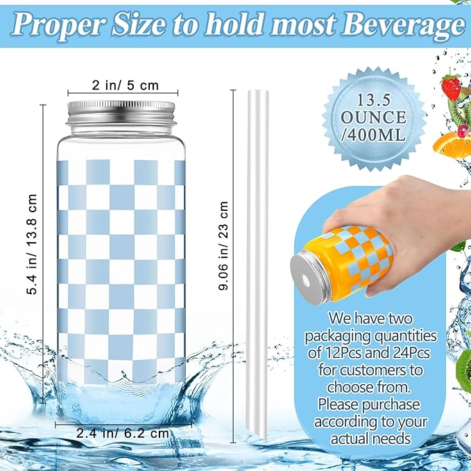Patelai 12 Pack Light Blue Gingham Cups 13.5 oz Clear Blue Checkered Plastic Cups with Lid and Straw Reusable Plastic Plaid Tumbler for Baby Shower Wedding Birthday Bachelor Party Supplies