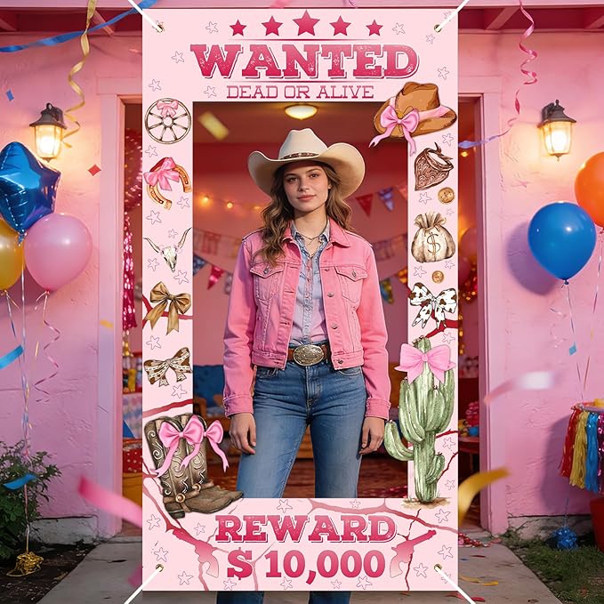 Pink Cowgirl Banner Backdrop - 72x39 Inch Cowgirl Photo Prop with Rope, Western Pink Bow Cowgirl Party Decor for Cowboy Themed Party Decorations, Baby Shower and Bachelorette Birthday Party Supplies