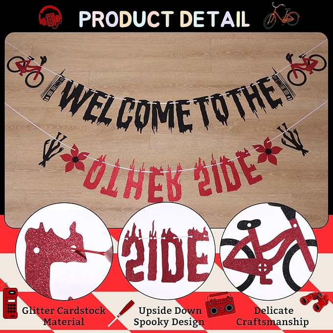 Glitter Welcome to the Other Side Banner for Birthday Party Decorations Upside Down Banner Stranger Party Decorations for Boys Girls Spooky Theme Party Supplies Birthday Backdrop Wall Decors Photo Props