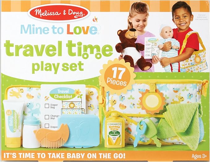 Melissa & Doug Mine to Love Travel Time Play Set for Dolls with Diaper Bag, Bottle, Sunscreen, More (17 pcs) - Baby Doll Accessories, Baby Doll Sets For Kids Ages 3+