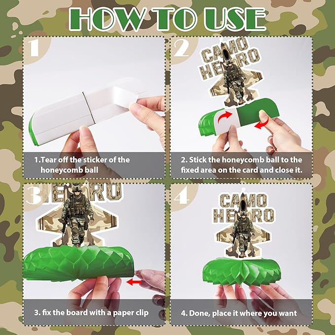 Army Birthday Party Decorations Include Camo Happy Birthday Banners Hanging Swirls Honeycomb Centerpieces Military Birthday Theme Party Supplies