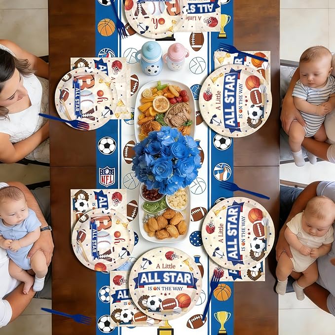 96Pcs Sports Baby Shower Party Supplies A Little All Star is On His Way Plates and Napkins Basketball Football Baseball Soccer Tableware Set for Boy Baby Shower Sports Supplies, Serves 24
