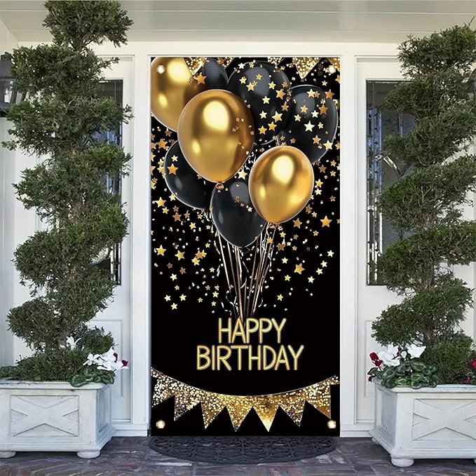 Happy Birthday Door Banner Decorations - Black and Gold Birthday Door Cover for Men Women, 35" x 71" Vertical Front Door Hanging Sign, Reusable Party Supplies for 18th 21st 30th 40th 50th 60th