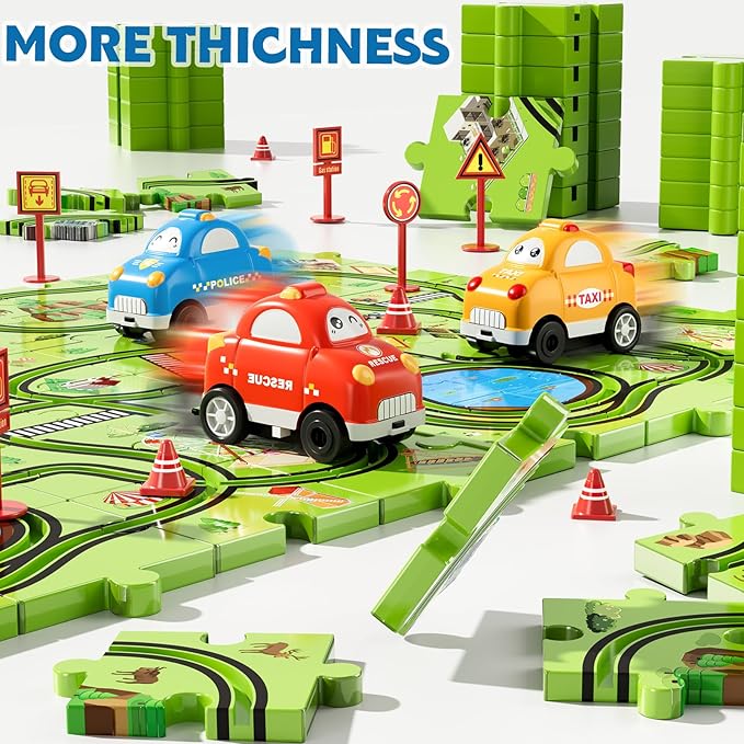 64PCS Puzzle Track Car Set Toys for Kids Boys, Toddler Toys Gifts for 3 4 5 Year Old, Floor Puzzle Tracks Car for Boys Ages 3-5 4-6, for 3 4 5 6 Year Old