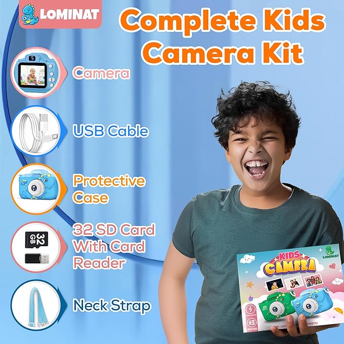 Kids Camera for 3, 4, 5, 6, 7, 8, 9 Year Old Boys Girls – 1080P HD Kids Video Camera, Dinosaur Christmas Birthday Gifts Dual Lens Digital Camera with Games, Toys for Toddlers - 32GB SD Card
