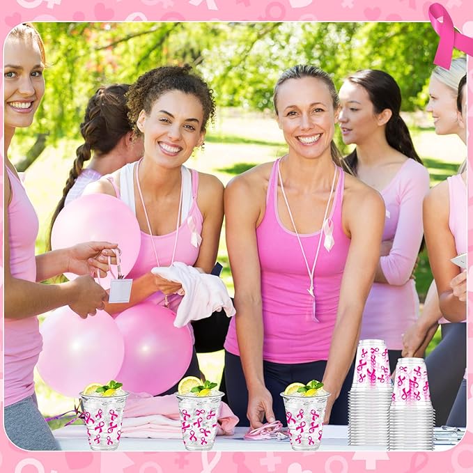 Uiifan 50 Pcs Breast Cancer Awareness Cups Bulk 12 oz Pink Ribbon Disposable Plastic Cups Breast Cancer Awareness Accessories for Charity Event Women Party Supplies Cold Beverage Drinking Tumblers