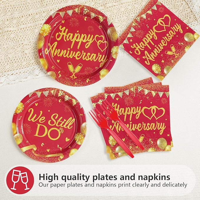 96Pcs Happy Anniversary Party Supplies Red Gold Wedding Plates and Napkins We Still Do Tableware Set for Men Women 40th 50th 60th Wedding Anniversary Party Supplies，Serves 24