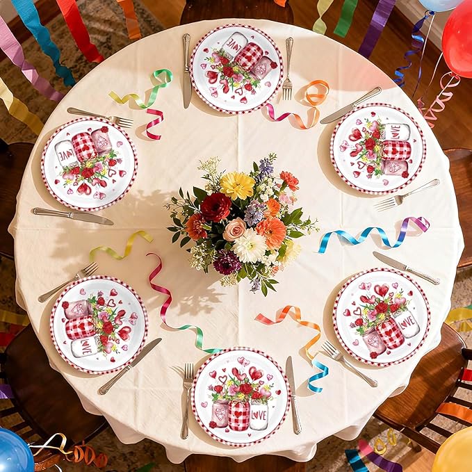 50 Pcs Valentine's Day Paper Plates 10" Hot Heart Vase Dessert Plates Disposable Red Heart Party Supplies for Valentines Day Wedding Anniversary Engagement Party Decorations