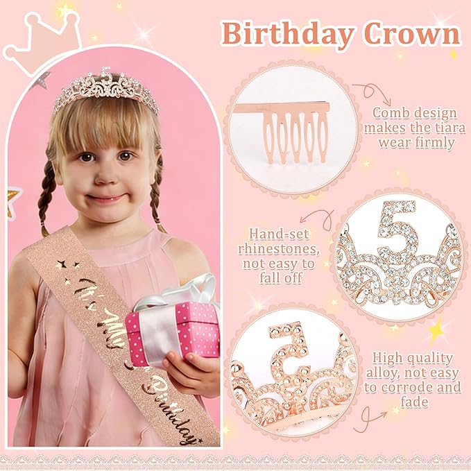 Semato 5th Birthday Decorations for Girl Sash and Crown Kit Rose Gold 5 Year Old Girl Birthday Gifts for Her Party Supplies