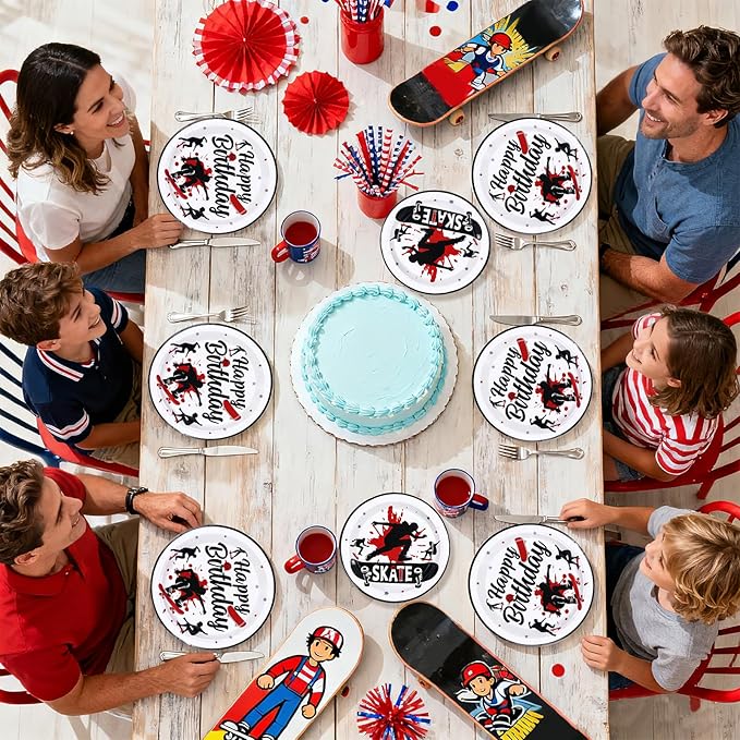 96 Pcs Skateboard Birthday Party Supplies Skate Plates and Napkins Disposable Skateboard Sports Theme Tableware Set for Skater Birthday Baby Shower Party Decorations Serves 24