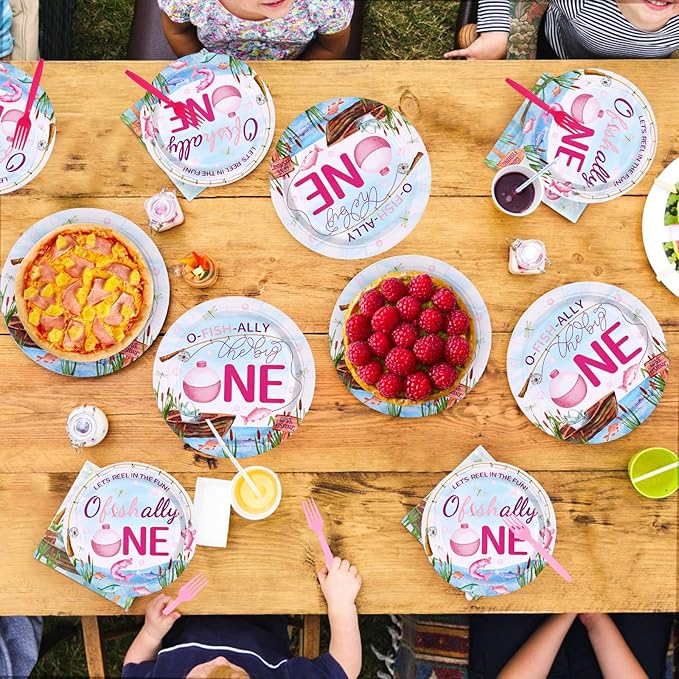 96 Pcs Ofishally One Birthday Decorations Gone Fishing 1st Party Plates and Napkins Set O Fishally First Birthday Decoration for Girls Baby Shower Little Fisherman One Years Old Supplies Serve 24