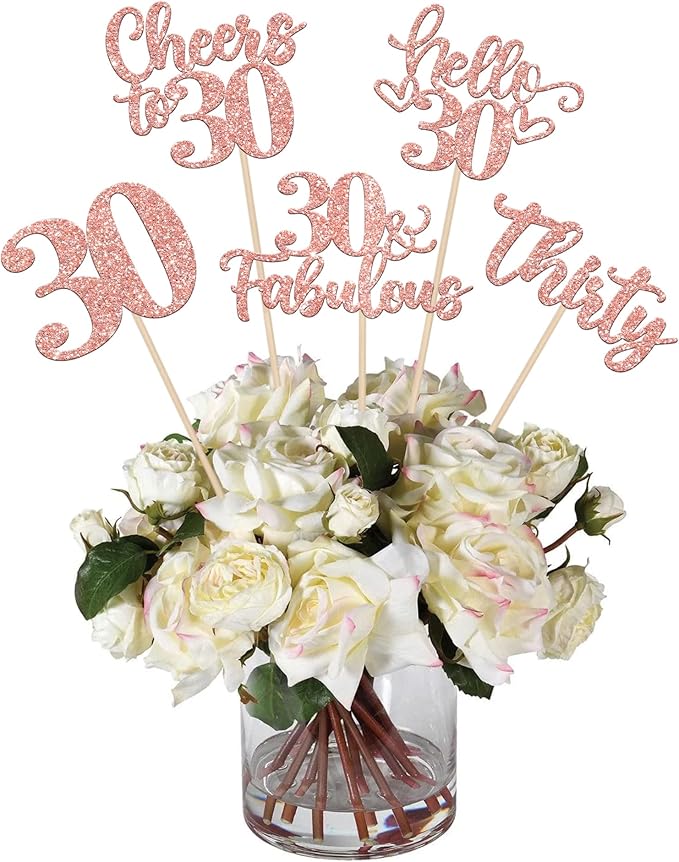15PCS Happy 30th Birthday Centerpiece Sticks Thirty Hello 30 Cheers to 30 Table Flower Centerpieces Sticks 30 Fabulous Floral Decorations for Happy 30th Birthday Party Centerpieces Supplies Rose Gold
