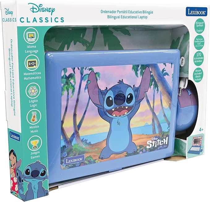 Lexibook, Disney Stitch, Bilingual and Educational Laptop Spanish/English, Toy for Children, 170 Activities to Learn, Play Games and Music, Large Screen, Blue, JC599Di2