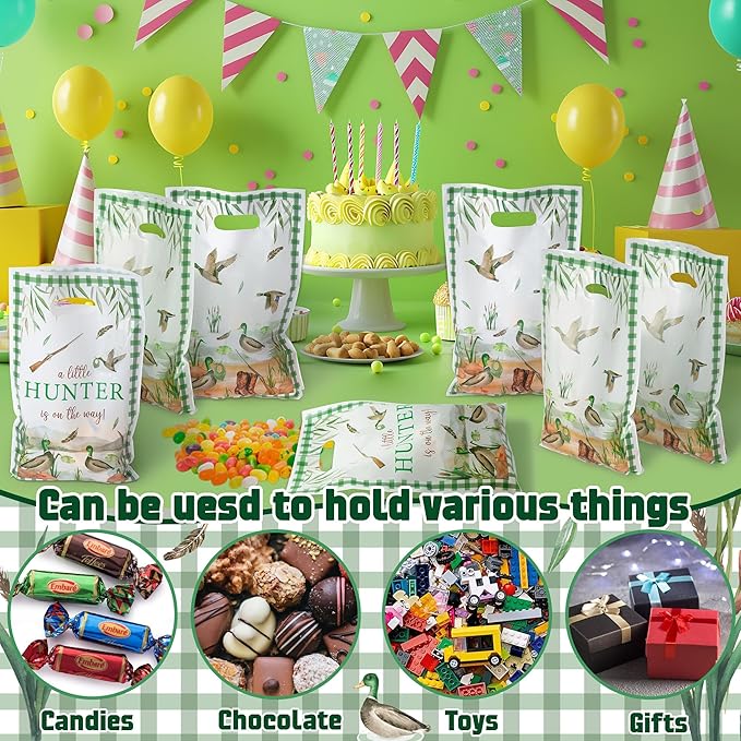 50Pcs Mallard Duck Baby Shower Party Favor Bags, A Little Hunter Is On The Way Plastic Goody Candy Treat Bags Party Decorations for Boys Girls Baby Shower Birthday Supplies