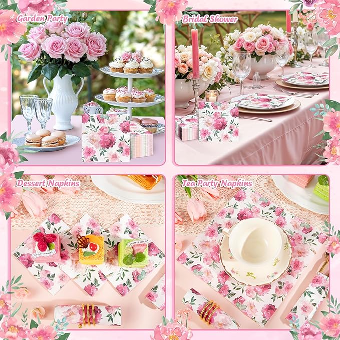 100 Pcs Pink Floral Napkins, Disposable Watercolor Flower Napkin Spring Cocktail Napkins Decorative Blossom Dinner Napkin for Tea Party, Garden Party,Baby Shower,Bridal Shower