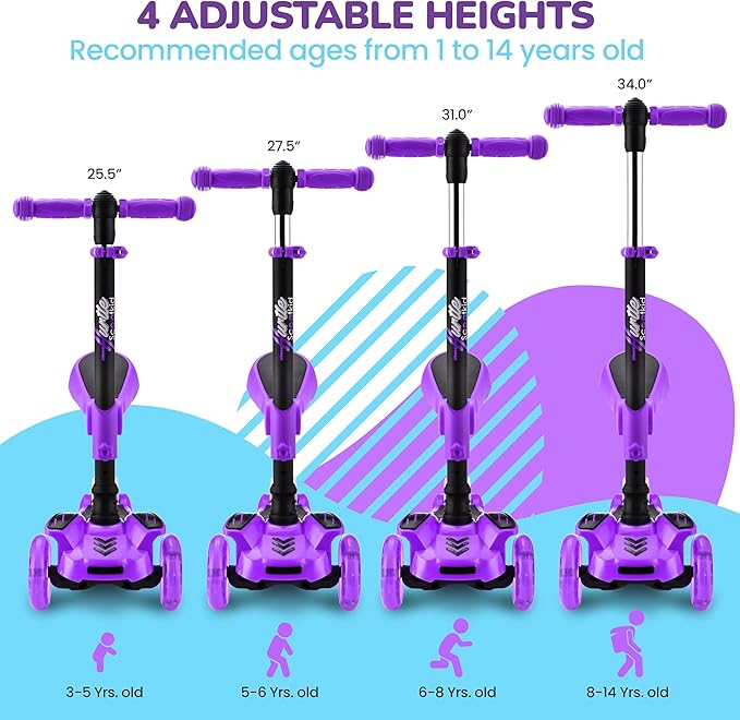 Hurtle 3-Wheeled Scooter for Kids - Wheel LED Lights, Adjustable Lean-to-Steer Handlebar, and Foldable Seat - Sit or Stand Ride with Brake for Boys and Girls Ages 1-14 Years Old