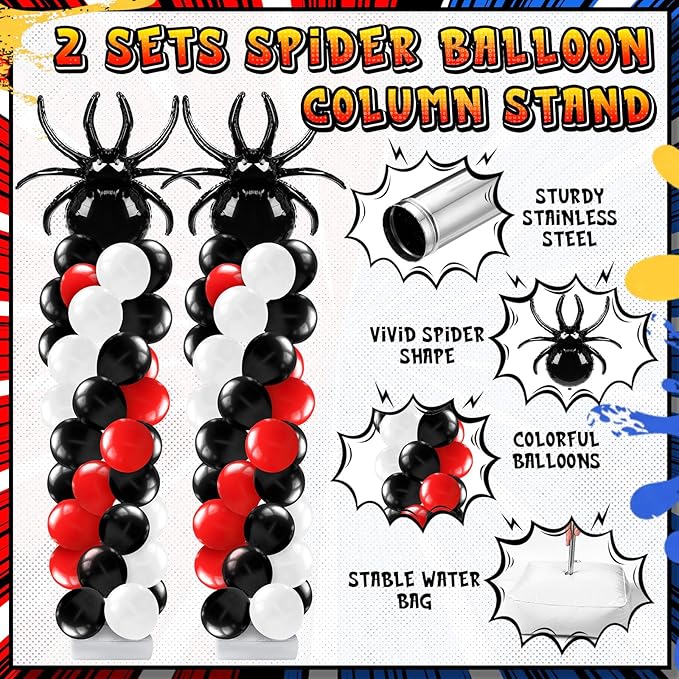Kasyat 2 Sets Spider Party Balloon Column Stand Kit Adjustable Spider Balloon Stands for Birthday Baby Shower Hero Theme Party Decorations