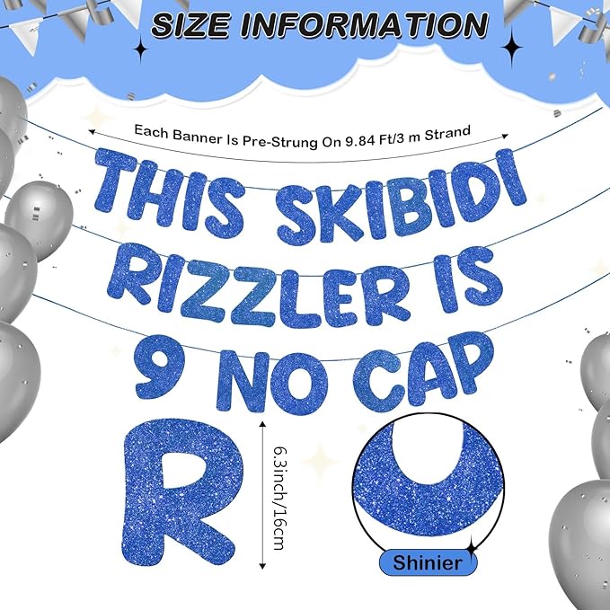 Fulmoon Pre Strung This Skibidi Rizzler Is 9 No Cap Glitter Banner 9th Birthday Party Decorations, Funny Birthday Sign, Party Supplies, Ideas, Gifts, Dark Blue