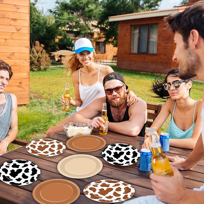 CHUNNIN 48Pcs Western Cowboy Party Paper Plates 7” Cow Print Party Supplies Brown Cowgirl Disposable Dessert Dinner Plates for Western Theme Farm Animal Birthday Baby Shower Farmhouse Party Decoration